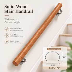 Rampe d'escalier murale de luxe traditionnelle en acier inoxydable et bois massif, longueur personnalisée, balustrade de 2 5/8 po d'épaisseur pour intérieur - Product Image 2