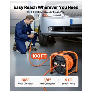 Avvolgitubo Aria Retrattile in PVC da 15 Metri, 3/8 Pollici x 30 Metri, Max 300 PSI, Avvolgimento Automatico, Cavo di Ingresso da 1,5 Metri - Product Image 2