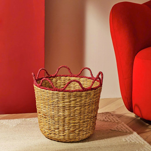 Handwoven Seagrass <b>Storage</b> Basket with Red Scalloped Rim, Unique Boho Decorative <b>Hamper</b> for Home <b>Storage</b> - Product Image 1