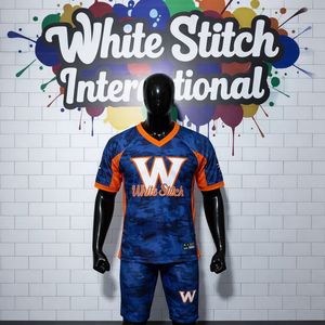 White Stitch Men's Sublimated Soccer Jersey V-Neck Blue Orange Camouflage Moisture Wicking <b>Athletic</b> Fit Short Sleeve - Product Image 1