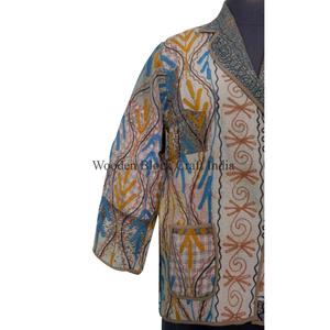 Veste Kantha vintage tricotée à la main pour l'été et l'automne, imprimé floral, kimono japonais, manteau long bohème multicolore, décontracté avec liens - Product Image 3