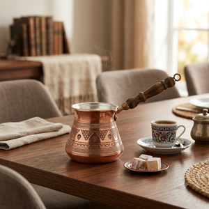 Cafetera Turca de Cobre con Patrón de Encaje Triangular Grabado en Fábrica, Cezve Bulbosa Griega Briki con Mango Ergonómico de Madera - Proveedor - Product Image 4
