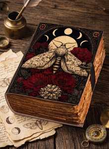Carnet en spirale en cuir fait main, motif floral vintage, motif papillon et visage de lune - Product Image 2