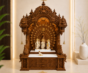 Big Size Traditional Teak Wood <b>Mandir</b> Heavy Carved Peacock Durable Pooja <b>Mandir</b> Om Design Prayer Shrine USA Villa - Product Image 2