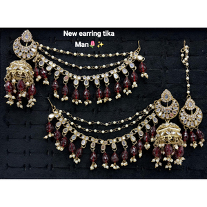 Pendientes de araña étnicos nupciales con cadena de perlas y engaste de garra, a juego con Maang Tikka, chapados en oro, estilo vintage tradicional - Product Image 1