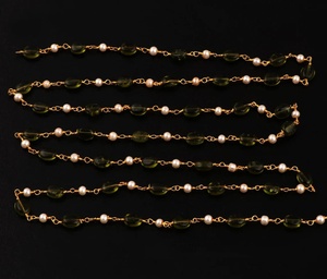 Cadena de Rosario Ovalada de Peridoto Natural y Perla Hidro, Chapada en Oro, por Rollo, Cadena de Joyería a Granel, Vendida por Pies, de Mayorista Indio - Product Image 4