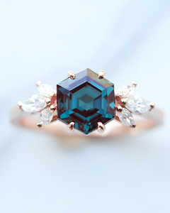 2.75 CT Vivid <b>Blue</b> Antique Hexagon Cut IGI Certified Diamond Halo Silver Plated Prong Setting Engagement Wedding <b>Ring</b> 18K Gold - Product Image 3