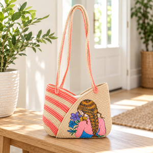 Sac à bandoulière en paille style bohème personnalisable, motifs floraux peints à la main, flamants roses, longues poignées tressées pour femmes, vente en gros - Product Image 6