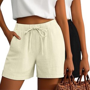 Lot de 2 shorts décontractés en lin pour femme, avec cordon de serrage, taille élastique, fentes latérales, confortables pour l'été, avec poches - Product Image 3
