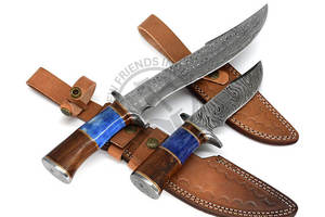 Damascus Hunting pair of <b>Knives</b> With Leather Sheath Wood/<b>Bone</b> <b>Handle</b> Camping Survival Razor Sharp Bowie <b>Knives</b> Outdoor Hunting - Product Image 2