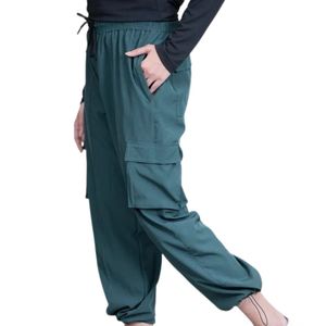 Pantalon cargo jogger bleu sarcelle pour femme, taille haute, cordon de serrage, coupe ample, multi-poches, décontracté, utilitaire, élastique, léger - Product Image 1