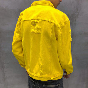 เสื้อแจ็คเก็ตยีนส์สีเหลืองสำหรับผู้ชาย สไตล์ลำลอง ขาดรุ่ย ปกเสื้อพับได้ ทรงปกติ ผ้าฝ้ายทอ ใส่ได้ในฤดูใบไม้ร่วง ติดกระดุมแถวเดียว - Product Image 3