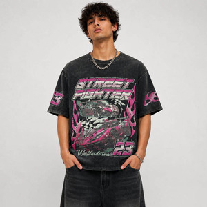 Custom Men’s Oversized Acid Wash T-<b>Shirt</b> Vintage Black Distressed Tee with Pink Flame Racing <b>Car</b> Graphic Print - Product Image 5