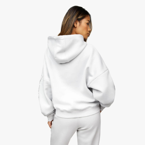 Women's Light Gray Hooded Tracksuit Full Sleeve Solid Color Casual Wear With Side Pockets Elastic Waist Autumn Style - Product Image 3