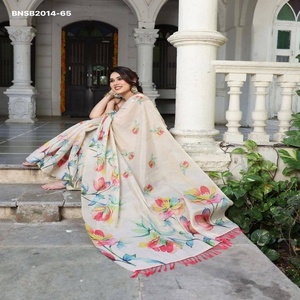 Magnifique ensemble sari et chemisier en lin et soie avec imprimé numérique à grandes fleurs colorées – Achats en ligne – Mode féminine Inde - Product Image 1