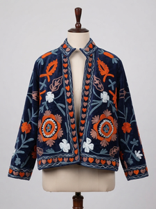 OEM Custom <b>Women</b> Vintage Floral Embroidered Navy <b>Velvet</b> Jacket Boho Short Open Front <b>Coat</b> Fall Winter Ethnic Outerwear Wholesale - Product Image 4