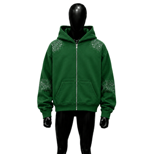 Breathable Green Rhinestone Zip Up Hoodie Embellished Fleece Casual Autumn Wear Regular Fit Oversized Streetwear Full Zip Hoodie - Product Image 1