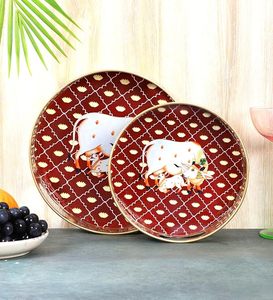 Bandeja decorativa redonda de metal azul estilo Pichhwai para servir - Product Image 5