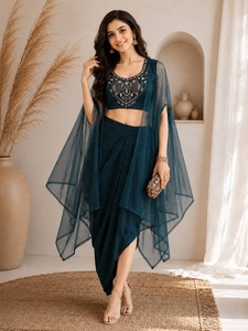 Women Ethnic Teal Green Embroidered Crop <b>Top</b> With Asymmetric Skirt And <b>Net</b> Dupatta Party Wear Set India Pakistan Style - Product Image 1