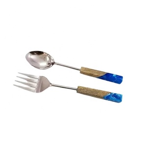 Juego de cucharas de acero inoxidable con mango de resina azul, cuchara para servir ensaladas, frutas y verduras, de latón, serpiente - Product Image 6