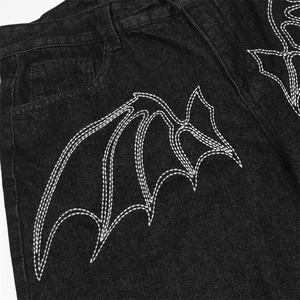 Men’s Black Denim Shorts Wing Stitch Design Loose Fit Knee Length Baggy Jean Shorts Casual Streetwear Summer Fashion - Product Image 6
