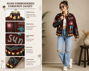 เสื้อแจ็คเก็ตคอร์ดูรอยสำหรับผู้หญิง ยี่ห้อซินซิน ปักลายต้นปาล์มด้วยมือ แขนยาว ปิดด้วยซิป สไตล์วันหยุดฤดูร้อน - Product Image 4