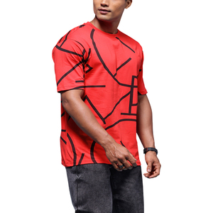 T-shirt à manches courtes pour homme, imprimé géométrique rouge, col rond, jersey décontracté en coton, coupe régulière, respirant, streetwear - Product Image 2