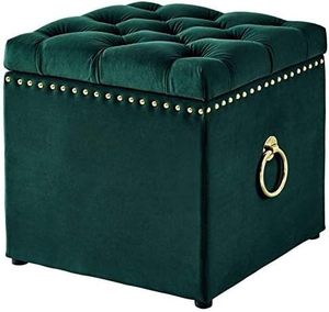 Square Ottoman with Knob Handle Velvet Fabric Seating Stool Foot Rest Upholstered Makeup Dressing Stool Padded Seat Shoe <b>Bench</b> - Product Image 3