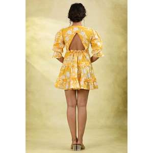 Vestido Mini Floral para Mujer, Amarillo, con Capas, Ecológico, Lavable, con Mangas 3/4, Ligero, Casual de Verano, Cintura Natural - Product Image 5