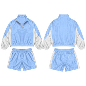 Breathable 120 GSM woven polyester windbreaker shorts set soft blue <b>white</b> <b>panel</b> custom print logo plus size - Product Image 1