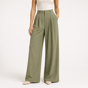 Pantalon élégant taille haute à jambes larges en satin couleur unie plissé pleine longueur coupe droite anti-plis pour femme Printemps - Product Image 3