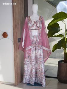 Fournisseur de crêpes françaises de qualité supérieure avec impression numérique et travail manuel, ensemble crop-top, palazzo et boléro en organza, de Surat - Product Image 4