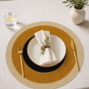 <b>Round</b> Handwoven <b>Placemat</b> Geometric Pattern Bohemian Style Natural Rattan Table Mat Black Yellow Blue Center - Product Image 4