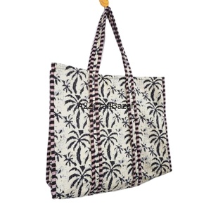 Handmade <b>Quilted</b> Floral Striped Printed Cotton <b>Tote</b> <b>Bag</b> Women's Indian Style Hand Block Print Shoulder Carry <b>Bag</b> Pure Cotton - Product Image 2