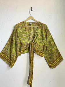 Haut court en soie 100% fait main pour femme, motif floral, décolleté plongeant, à nouer, sans bretelles, manches longues, pour soirée - Product Image 1