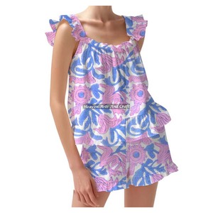 Fabric Women's Cotton Block Print Shorts Pajamas Loungewear Spring/Summer Floral Fitted Strappy Ruffle <b>Trim</b> Sleeves PJ Set - Product Image 2