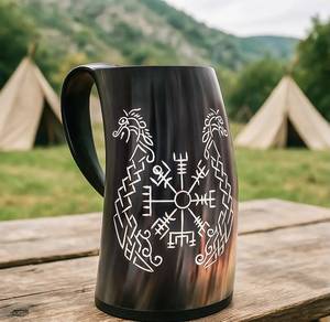 Tasses à boire en corne de buffle naturelle, en résine et en bois, avec finition naturelle, pour la bière, le vin et les boissons médiévales - Product Image 3
