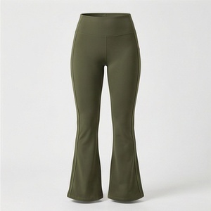 Leggings de yoga taille haute à jambe évasée pleine longueur, vert olive uni, sans couture, en Spandex et Nylon, avec taille élastique - Product Image 1
