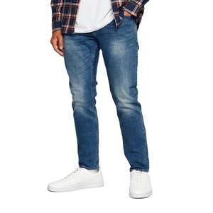 Vaqueros de mezclilla elásticos ajustados azules personalizados para hombre, con cremallera, botones, corte recto, tiro medio, oscuros, tallas grandes, estilo casual de invierno - Product Image 1