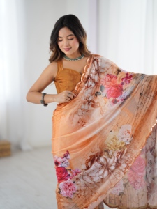 Elegant <b>Orange</b> Floral Printed Heavy Chinnon <b>Saree</b> With Mirror Work For Women Wedding Wear Casual Wear <b>Saree</b> - Product Image 6