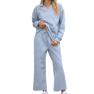 Ensemble de survêtement en lin noir uni pour femme, col en V, manches longues, coupe ample, pantalon long avec poches latérales, tenue décontractée d'été - Product Image 5