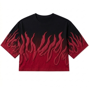 Men's Crop Oversized Puff Print <b>Flame</b> T-<b>Shirt</b> 100% Cotton Knitted Streetwear 240g Heavyweight Logo Breathable Tee - Product Image 1