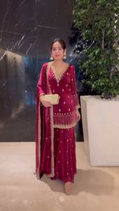 Sharara Sahara de terciopelo de viscosa pesado, artesanal, moderno, étnico, con lentejuelas, de georgette sintética fluida, sin arrugas en los cuatro lados, para boda - Product Image 2