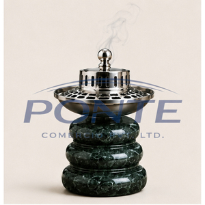 Quemador de incienso Bakhoor de mármol verde natural con tapa de acero inoxidable plateado, elegante incensario árabe para Oud y moderno soporte para fragancias para el hogar. - Product Image 1