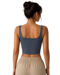 Top Corto Azul con Cuello Cuadrado para Mujer, Sin Mangas, de Algodón y Elastano, Elástico, para Fitness, Yoga, Casual, Verano, Diseño Personalizado - Product Image 2