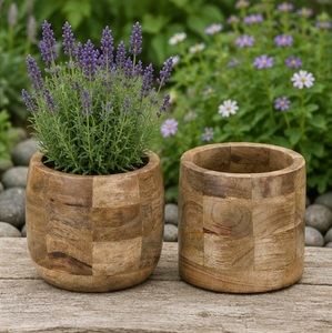 Maceta Redonda de Madera de Mango Hecha a Mano, Diseño a Cuadros Ecológico, Maceta para Escritorio, Decoración del Hogar y Hoteles, Soporte de Madera para Plantas - Product Image 4