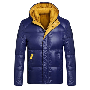 Men's Blue Hooded Puffer <b>Jacket</b> With <b>Yellow</b> Lining Zipper Closure Casual Winter Coat Slim Fit Polyester Wadding Windproof - Product Image 1