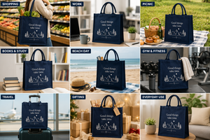 Bolsa de compras de yute para la playa, tamaño mediano, azul marino, con diseño de montaña 'Good Things Take Time', asa superior, reutilizable, gran capacidad, para supermercado - Product Image 4