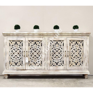 Consola de TV de Madera Maciza Hecha a Mano con Tallado de Mandala Ornamentado, Acabado Blanqueado, Muebles Rústicos para Sala de Estar - Product Image 3