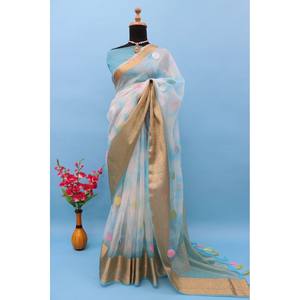 SÉQUENCE DE SOIE ORGANZA ATTRACTIVE DE BRODERIE DE BUTTA SAREE DE TRAVAIL AVEC CHEMISIER NON COUDU CIEL - Product Image 1